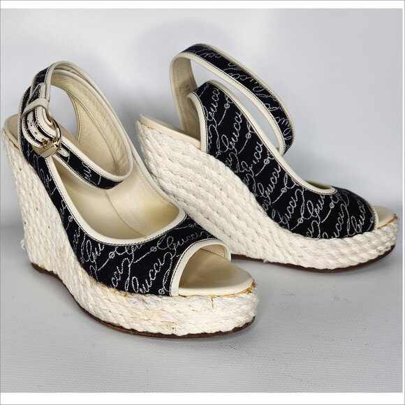 GUCCI vintage 7.5B blue SIGNATURE canvas rope PLATFORM wedge slingbck shoes Auth - Picture 1 of 5